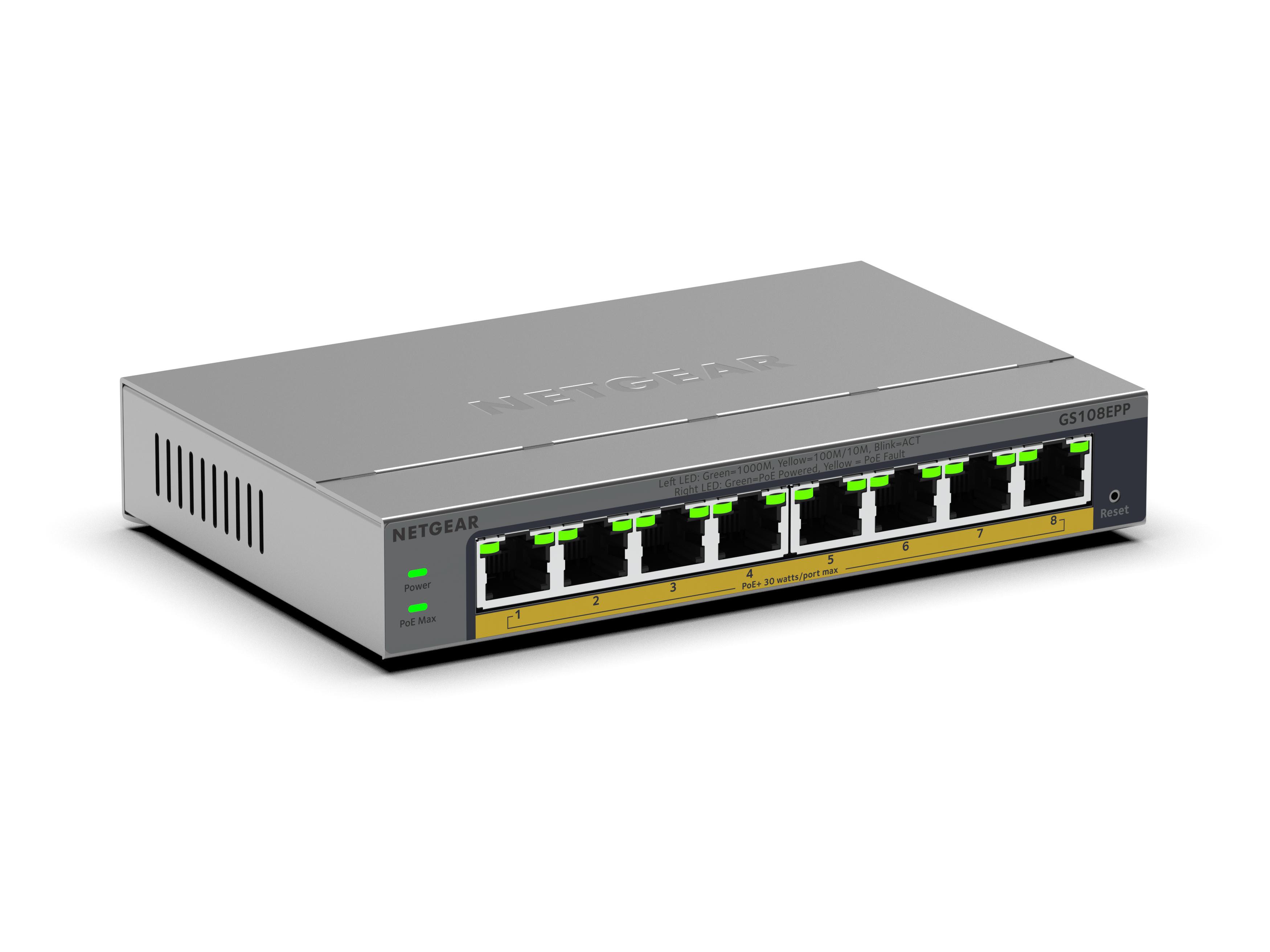 NETGEAR GS108EPP 8-Port-Gigabit-Ethernet-Hochleistungs-PoE + Smart Managed Plus-Switch, PoE Budget 123 W, lüfterlos, Metallgehäuse GS108EPP-100EUS