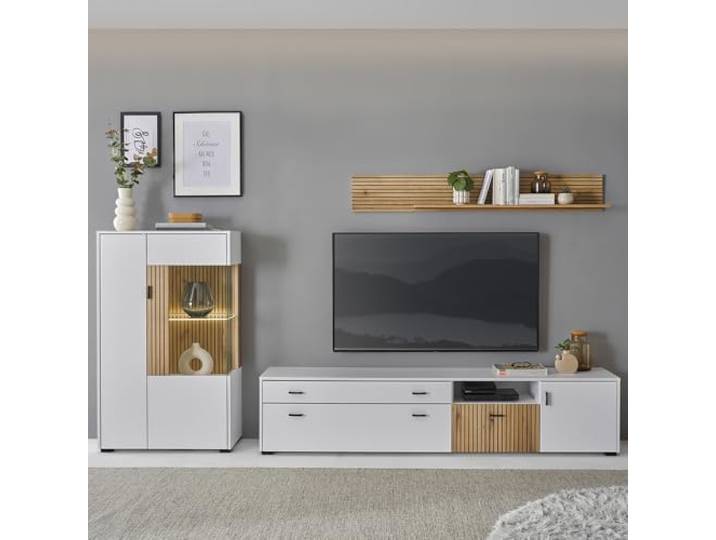 Lomadox Wohnwand Anbauwand TV-Wand Mediamöbel Vitrinenschrank 200cm Lowboard Wandregal weiß matt Eiche gerillt