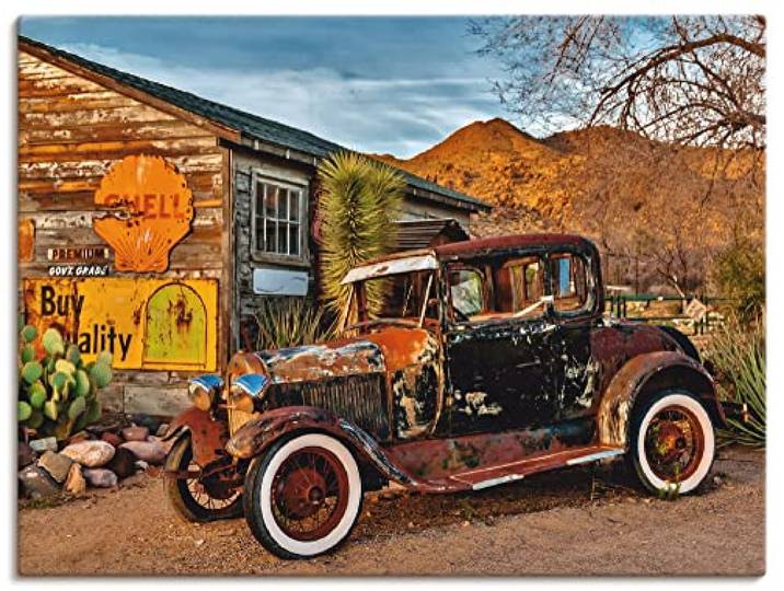 ARTLAND Wanddeko Leinwand Bilder Wandbild USA Westen Arizona Tankstelle Fahrzeuge Auto Oldtimer Route 66 Nostalgie Retro Q3ST