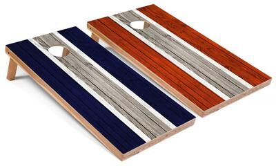 Skip's Garage Solid Wood Cornhole Boards - Navy and Orange Stripes Design