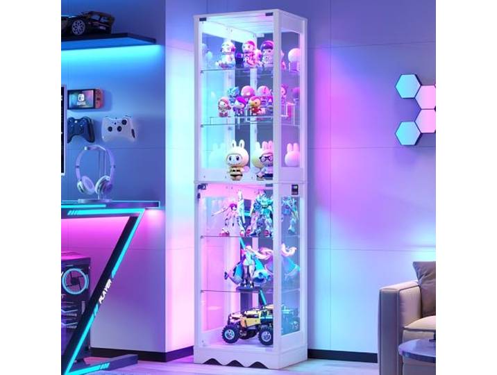 FREDEES Glasvitrine mit Glastüren, 6-stufige Vitrine mit RGB LED Verstellbare Regalböden, Bewegungssensor, Moderne LED Glasvitrine für Sammlerstücke, Weiß