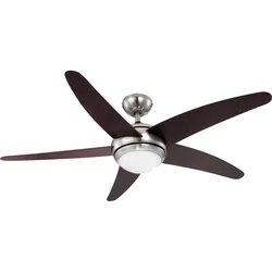 Deckenventilator Deckenleuchte Wohnzimmerlampe Raumlüfter Schlafzimmerleuchte mit Fernbedienung, Metall Glas MDF braun silber, dimmbar, 1x RGB LED 4,8W 470Lm 3000K warmweiß, D 132 cm