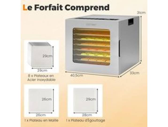 GIANTEX Deshydrateur Alimentaire 850W 8 Plateaux en Acier Inoxydable Température 35-75℃ Minuteur 48H Circulation dAir à 360°