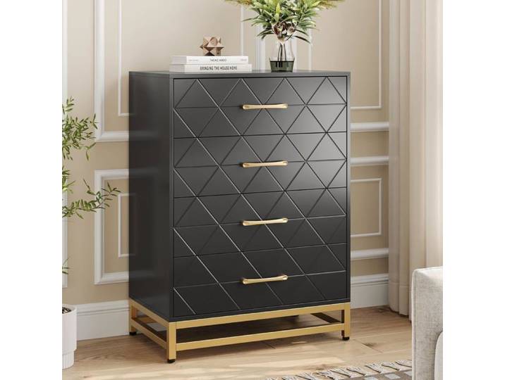 Commode à 4 Tiroirs pour Chambre Commodes Modernes Larges et Poignées Métalliques Commodes en Bois 61x40x93 cm Noir