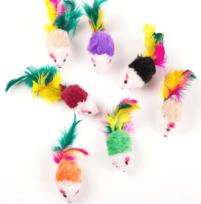 Inspire Picks Cute Soft Wool Mouse Cat Toy With Colorful Feathers random 5pcs
