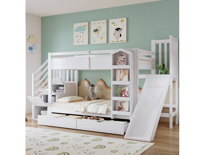 Lit Superposé Enfant 90x200 Avec Toboggan Blanc Havrya