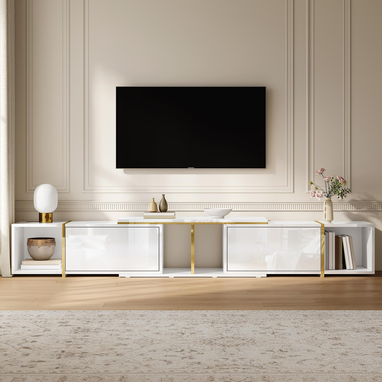 OKWISH Moderne TV-kast met uitschuifbare functie en glanzende voorpanelen, wit