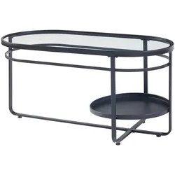Helloshop26 - Beistelltisch mit ovaler Platte und Ablage Metall gehärtetes Glas 90 x 43 x 46 cm schwarz