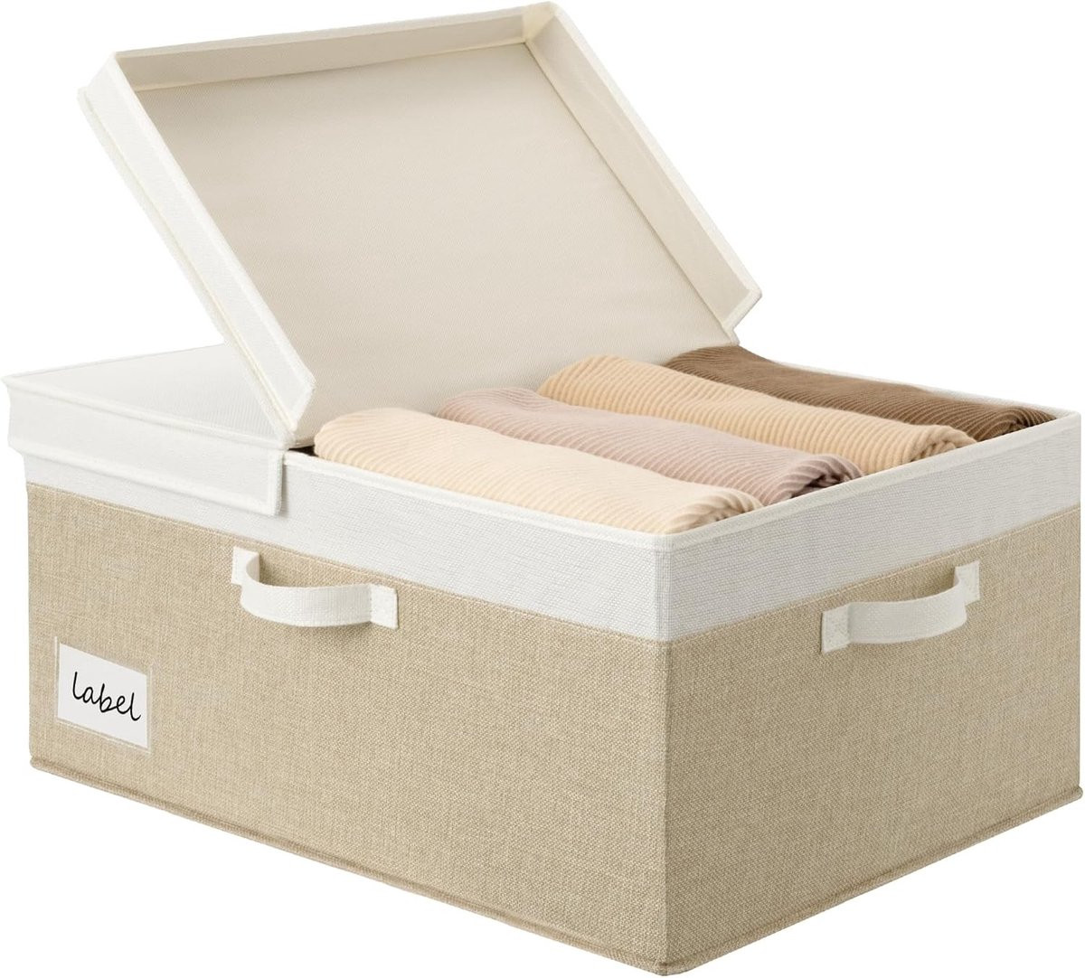 Opvouwbare opbergdoos met deksel en handvatten, wit en khaki textiel en karton