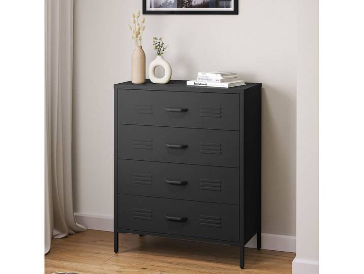 skølm Kommode Atria aus Metall (Schwarz), Sideboard mit 4 Schubladen, Metallschrank mit höhenverstellbaren Füßen