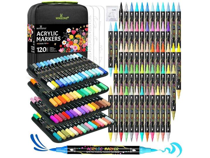 Acrylstifte 120 Farben Set mit Aufbewahrungstasche, Mehrfarbig, Kunststoff, 10x10x15 cm, Dekoration, Malbedarf & Bastelbedarf