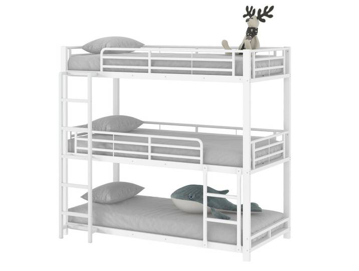Modfu Etagenbett aus Metall 90x200 cm Weiß als Dreifach-Etagenbett mit Leiter und Sicherheitsgeländern, 90x200 cm, Babymöbel & Kindermöbel, Kinderzimmer & Jugendzimmer, Stockbetten
