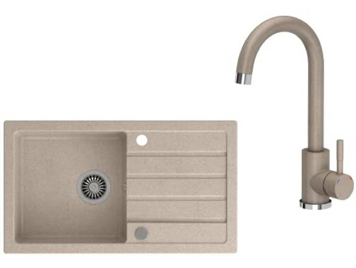 VBChome Spülbecken mit Armatur 77 x 44 cm Beige Spüle Einzelbecken Küche Einbauspüle Verbundspüle Küchenspüle gesprenkelt flächenbündig Siphon Waschbecken