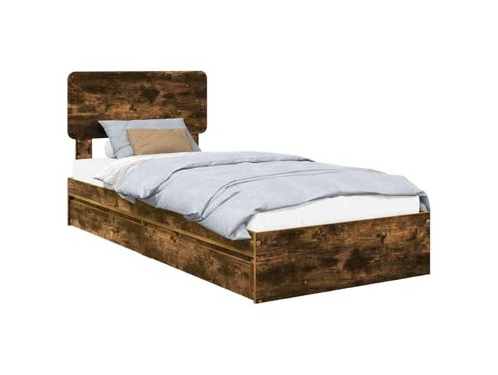 PUGYNBK Bett mit Schubladen, 75 x 190 cm, Eiche rauchfarben Robustes Holz, Plattformrost, minimalistisches Design, geräumige Schubladen
