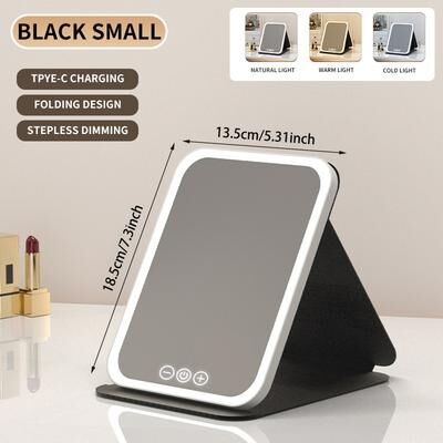 Fusion Finds Rechargeable LED Makeup Mirror With 3 Color Lights Touch Dimmable Travel Vanity Mirror small Black