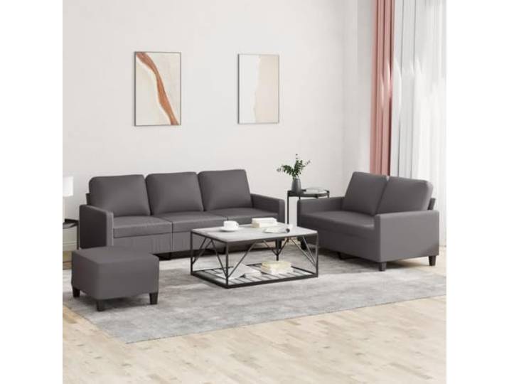 HEFZGDB 3-TLG. Sofagarnitur mit Kissen Grau Kunstleder – Langlebige Wohnlandschaft mit robustem Gestell, bequemer Polsterung und vielseitigem Hocker für Entspannung und Gäste,
