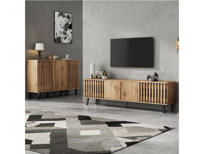 COVREO Ensemble meuble TV 180 cm et buffet 150 cm bois naturel portes ajourées panneaux de particules