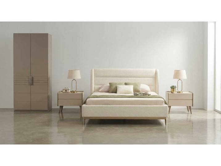 Xlmoebel Schlafzimmer-Set Schlafzimmer Set Beige Modern Luxus Bett Schrank 2x Nachttische, (4-tlg., 1x Bett, 2x Nachttische, 1x Kleiderschrank)