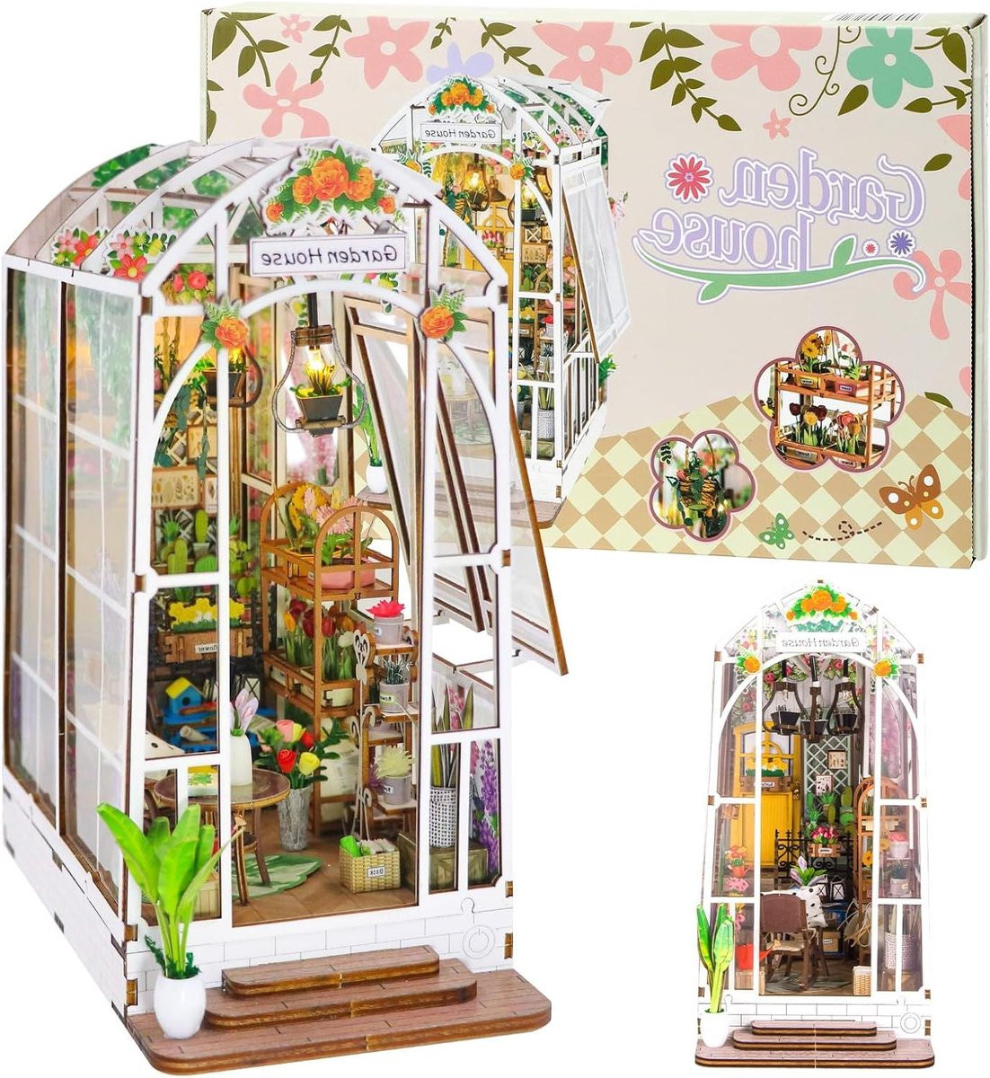 Miniatuur Huis Kit Tuinhuis met LED Licht voor Boekenplank Decoratie