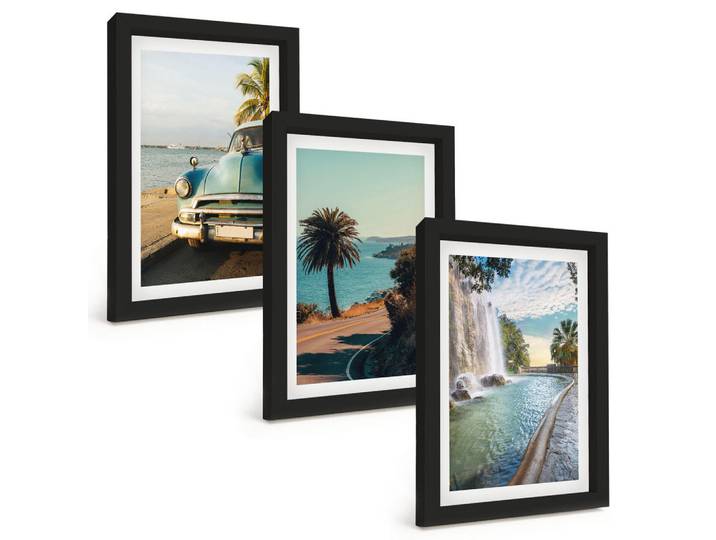 Tulup Bilder SET 3er Set - 20x30 cm Schwarzer Rahmen - Urlaub Palmen Wasserfall, Kunststoff, Rechteckig, 20x30 cm, Fotografie, Bilder & Rahmen, Bilder