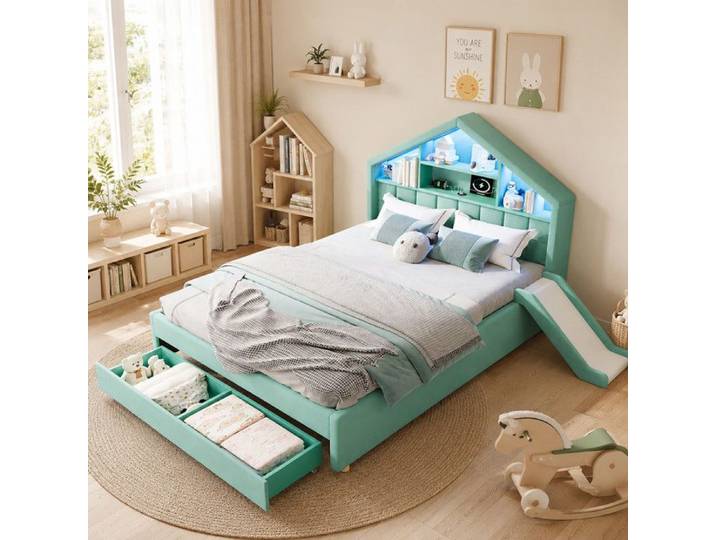 Lit enfant 140x200 cm design maison toboggan (montage G/D) LED chargeur rangement tête de lit coffre bleu-vert