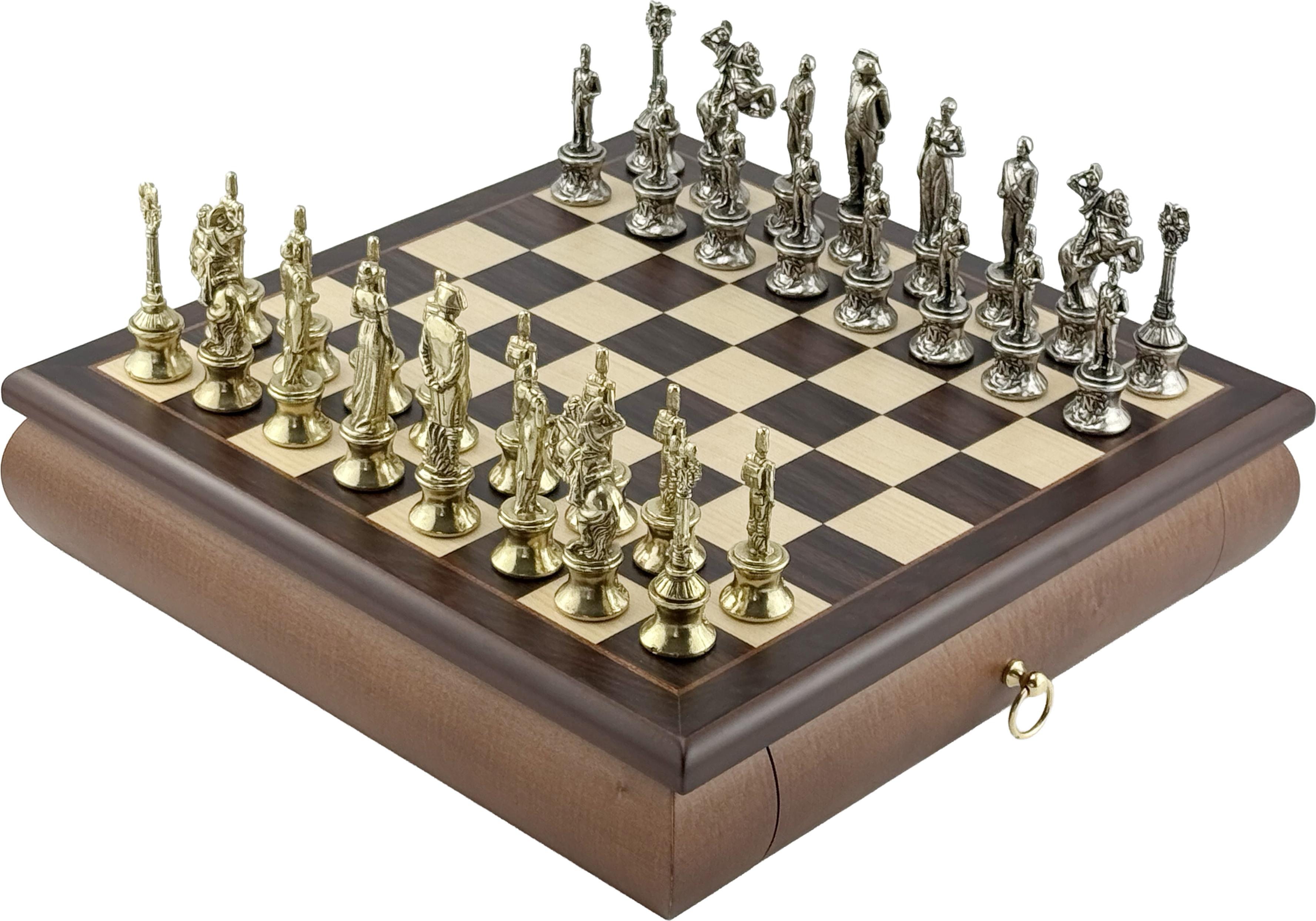 Italienisches Schachset "Napoleon" mit Rosenholzbrett 32x32 cm und Schublade