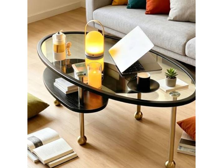 EBOYNSowAprr Ovaler gläserner Couchtisch für Wohnzimmer Zweistöckiger moderner Mitteltisch mit Massivholzablage, Minimalistisches Mid-Century Design(Black,43.3x23.6x16.1 in)