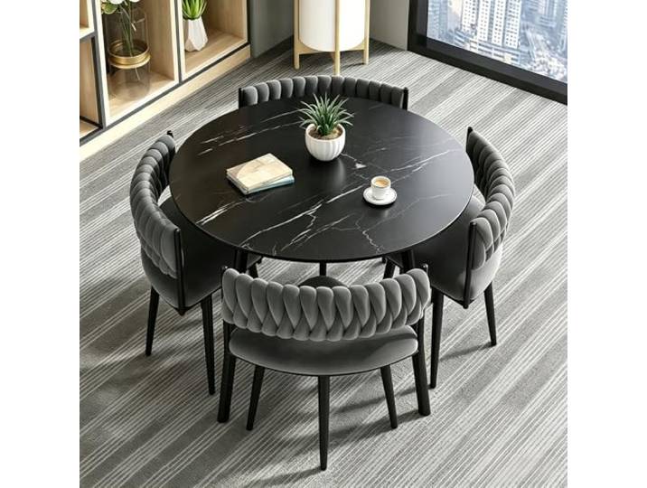 AMZSEW Esstisch und S1tühle Set 4, Tischplatte aus Kunstmarmor mit 4 gepolsterten Samtstühlen, Küchentisch-Set für Wohnung, für Esszimmer zu Hause und Café (Black+Gray)