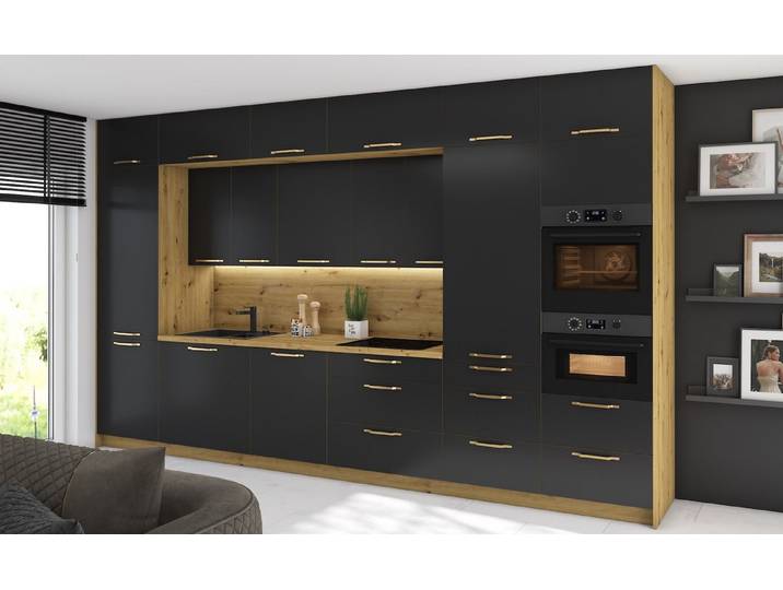 Feldmann-Wohnen Küchenzeile Bonn, (Bonn), 404cm HETTICH Vollauszug eiche artisan Front schwarz matt