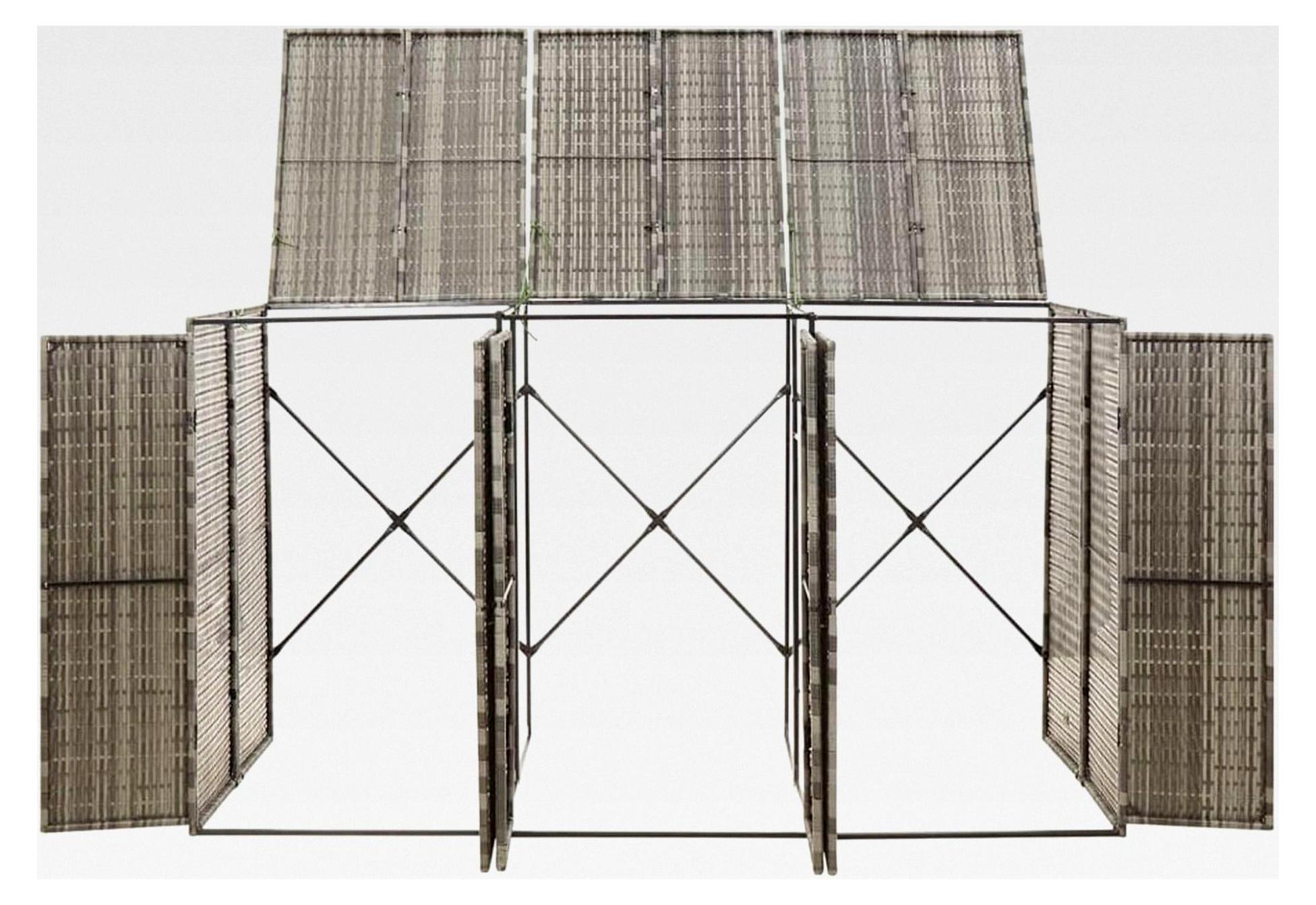 Gartenabfalltonnenbox 3-Tonnen - PE-Rattan, grau, 207x80x117 cm - für unauffällige Lagerung