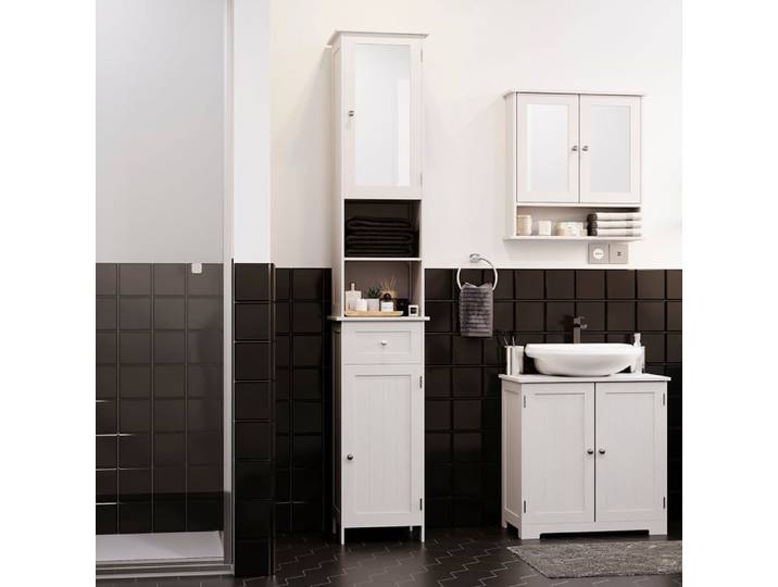 Priano Armoire Haute Autoportante 2 Portes avec Porte Miroir Colonne de Rangement Blanc