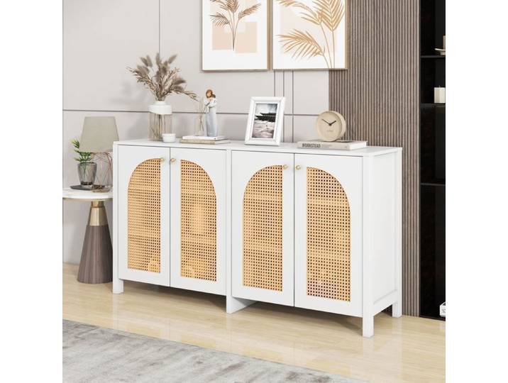 Buffet moderne de style minimaliste 4 portes en rotin poignée métallique simple meuble buffet pour salle à manger salon cuisine