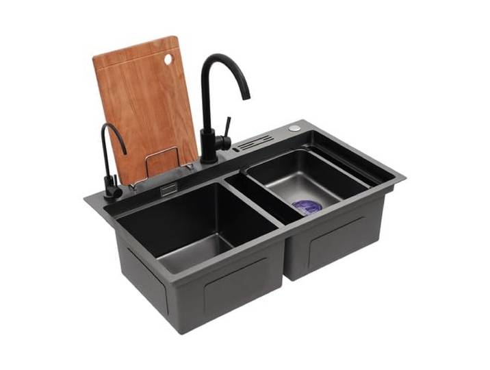 EdelstahlspüLe Mit 2 WasserhäHnen Doppelbecken 78X46Cm Schwarz FüR HausküChen Restaurants CaféS; Zum Gleichzeitigen Waschen, Auftauen Vorbereiten – Spart Zeit Optimiert ArbeitsabläUfe