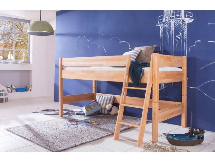 Natur24 Kinderbett Halbhohes Einzelbett Kim Buche geölt 90x200cm Einzelbett