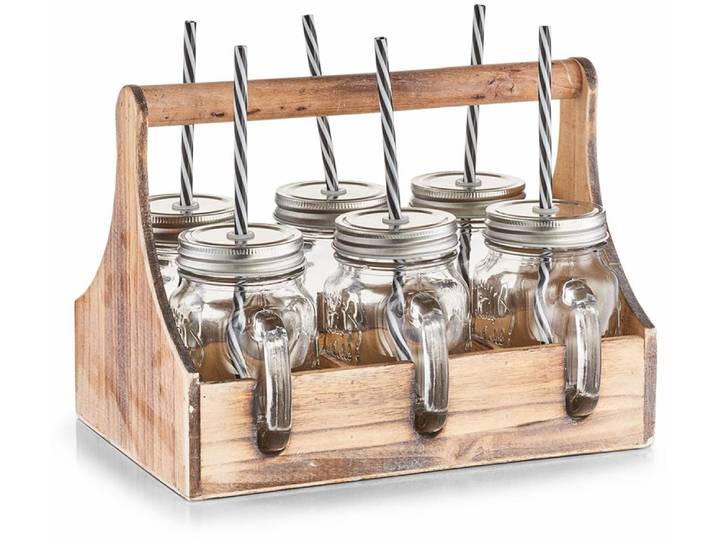 Glas ZELLER PRESENT, braun (transparent, holzfarben, silberfarben), B:22,5cm H:22,1cm, Glas, Holz, Metall, Trinkgefässe, Glas, je 6 Gläser, Deckel und Strohhalme, in praktischer Holzkiste