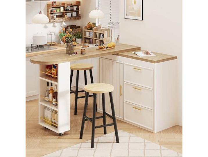 Merax Ausziehbarer Bartisch, 360° Drehbarer Stehtisch Kücheninsel mit Verstellbare Tischplatte, Bar Table mit 3 Schubladen, Türen, Verstellbare Regale, für Küche Wohnzimmer Esszimmer, Weiß & Holzfarbe