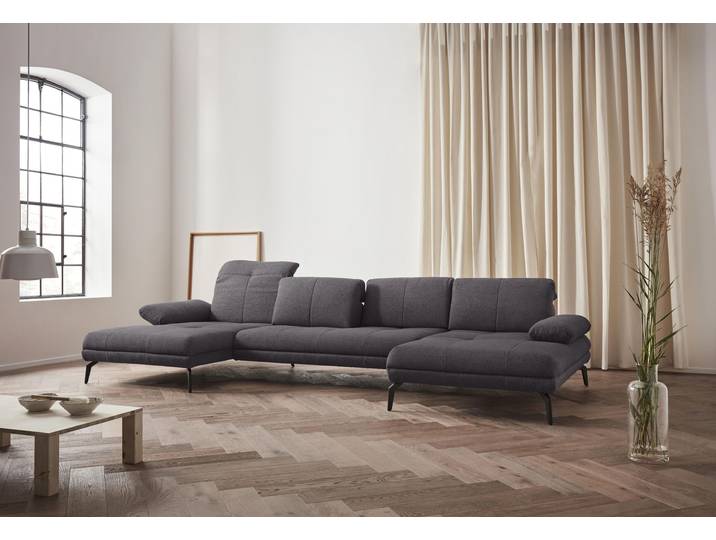 Multifunktions-Sofa, Naturleder & Polyester, Anthrazit, 374×162 cm, U-Form, Skandinavisch, andas
