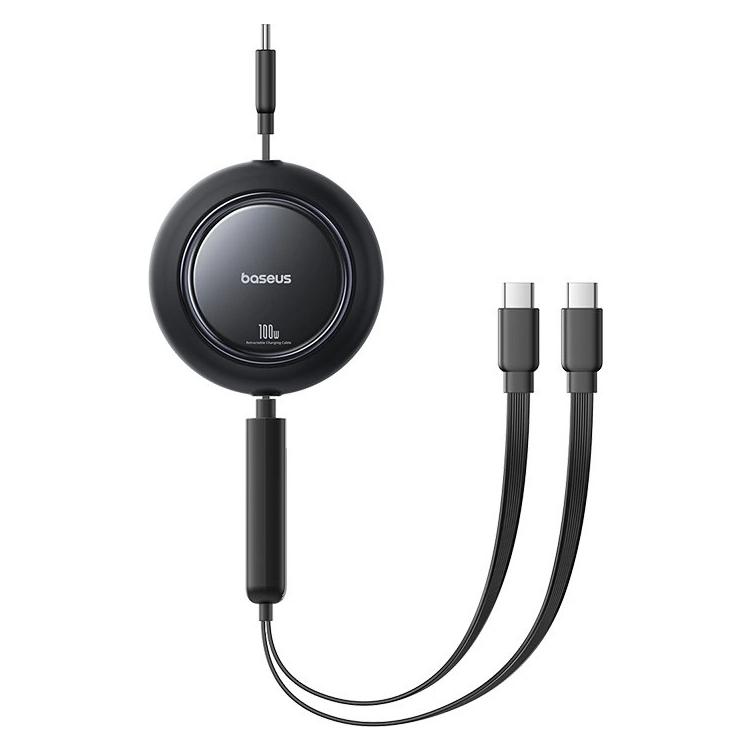 Baseus Kabel zwijany Free2Pull Mini 100W 3w1 USB-C - 2xUSB-C 1.2m - czarny (1.20 m, 100 W) (6932172696757)