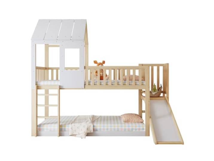I0I&I0I Etagenbett Kinderbett mit Dach, Fenster, Rutsche, Leiter, Fallschutz und KiefernholzrahmenFüge die Liegefläche hinzuKürze ähnliche Produktbegriffe
