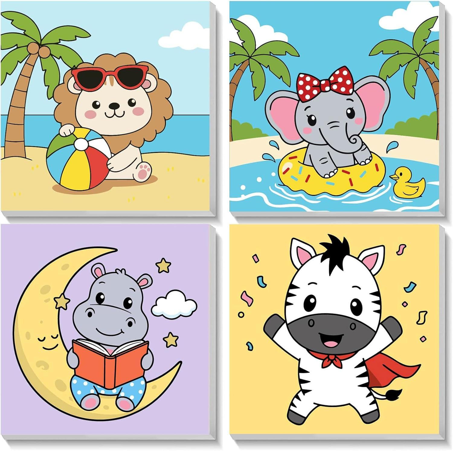 Schilderen op nummer 4-pack met leeuw, olifant, nijlpaard en zebra, 20 x 20 cm