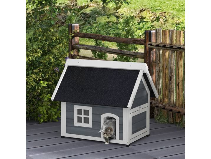 PawHut Maison Chat Bois Fenêtre Plexiglas Gris