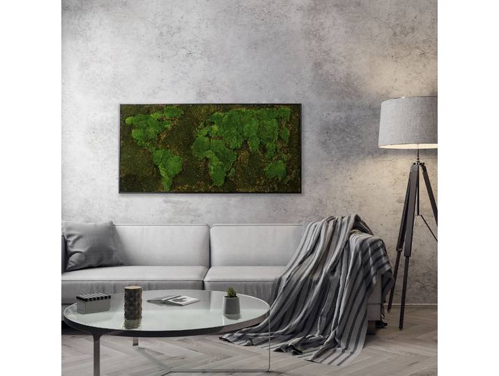 Bild mit Rahmen BÖNNINGHOFF Moosbild Weltkarte 60x120 cm, schwarzer Rahmen , grün (farbe rahmen: schwarz, farbe bild(er): grün), B:120cm H:60cm T:5,5cm, Holzwerkstoff, Bilder, Bild mit Rahmen, handgefertigt, jedes Bild ein Unikat