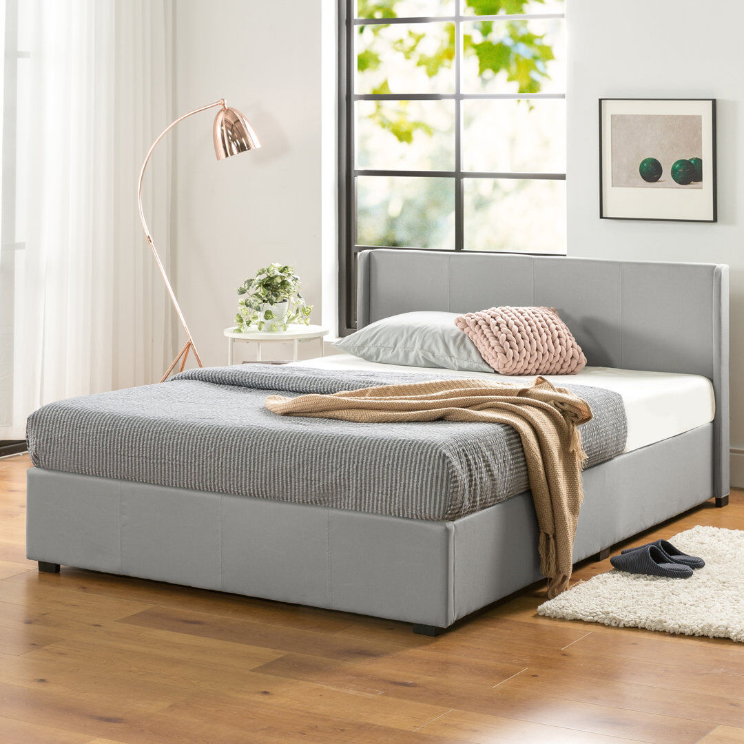 Hashtag Home Estella Upholstered Bed Frame with Headboard, Ottoman Under-bed Storage Light Grey Kingsize (5')