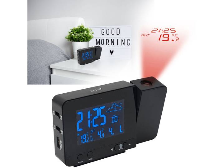 Projektions-Wecker mit Funk-Wetterstation, USB-Port, Aussensensor, schwarz