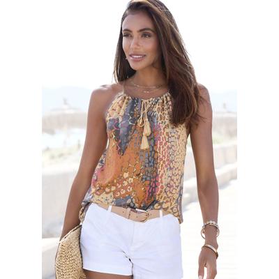 Strandtop BUFFALO "mit Animaldruck und gedrehten Kordelträgern", Damen, Gr. 44/46, bunt (orange, blau bedruckt), Jersey, Obermaterial: 100% Viskose, bedruckt, figurumspielend hüftlang, amerikanischer Ausschnitt, Tops Strandtop, sommerliches...