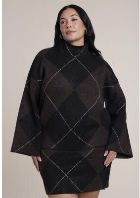 Plus Size Women's Mockneck Intarsia Sweater by ELOQUII in Dark Brown Argyle (Size 14/16)