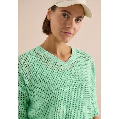 Kurzarmpullover CECIL, Damen, Gr. XL (44), juicy lime, Web, 100% Baumwolle, Strukturmuster, comfort fit normal, V-Ausschnitt, Rippbündchen, Pullover, mit V-Ausschnitt