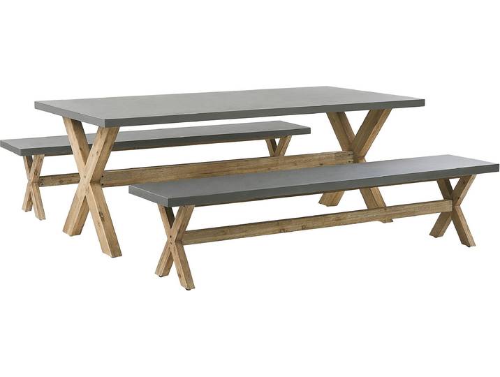 BELIANI Gartentisch 200x100 cm und 2 Bänke Beton Faserzement Akazienholz Landhausstil Gartenzubehör Gartenmöbel Terrassenmöbel
