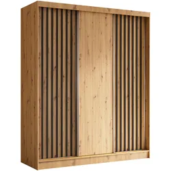 KLEIDERSCHRANK mit furnierten Schiebetüren und Aluminium-Leisten, LED-Beleuchtung - LABELO - 180 cm Artisan+Artisan+Schwarz