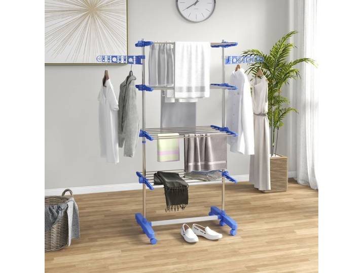 Sèche-linge sur pied pliable à roulettes 2 niveaux bleu